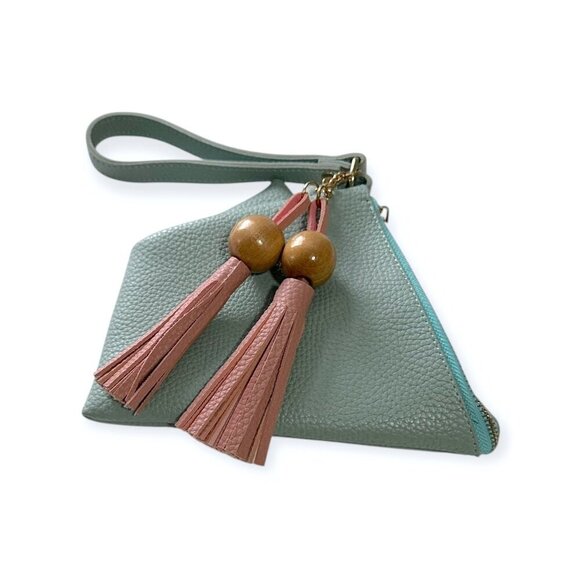 Vegan Leather Tote Bag with Triangle Pouch.  Blue/Seafoam - Picture 5 of 11